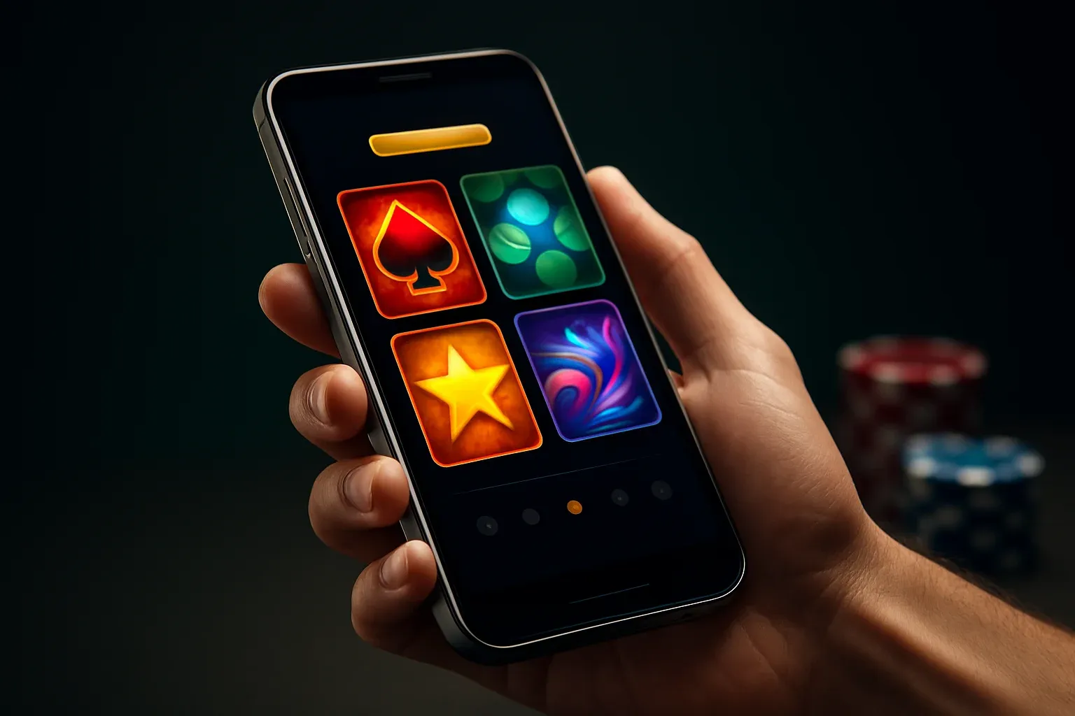Flagship Android smartphone showing vivid casino app interface in dramatic lighting
