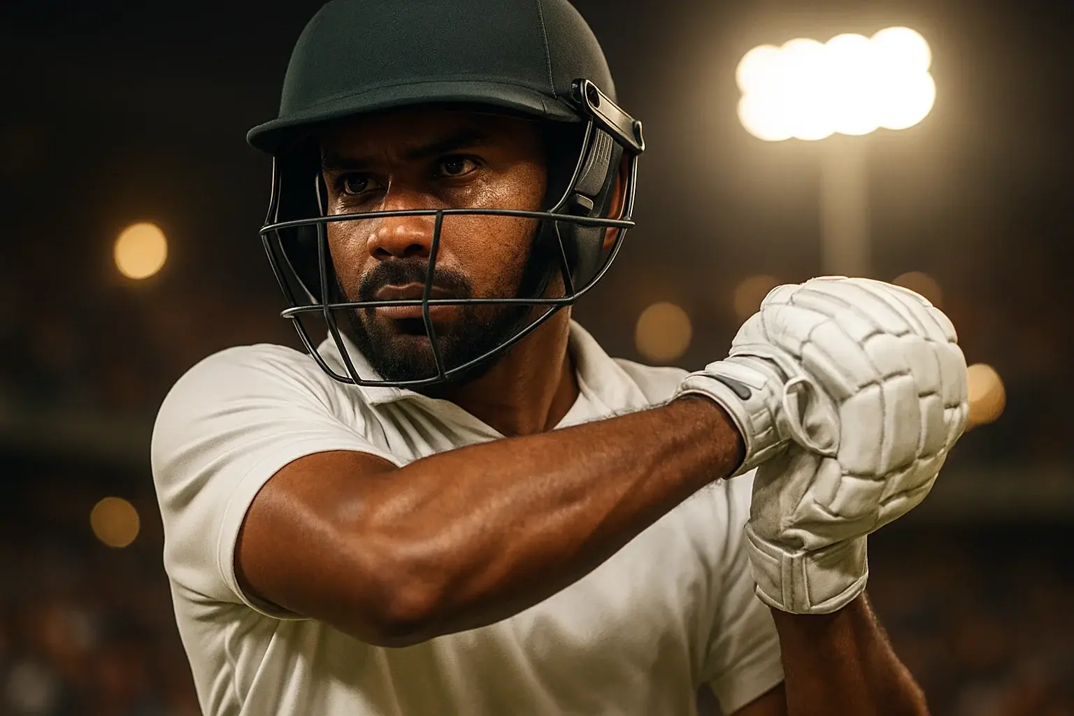 Bangladeshi male cricket batsman mid-swing under stadium floodlights