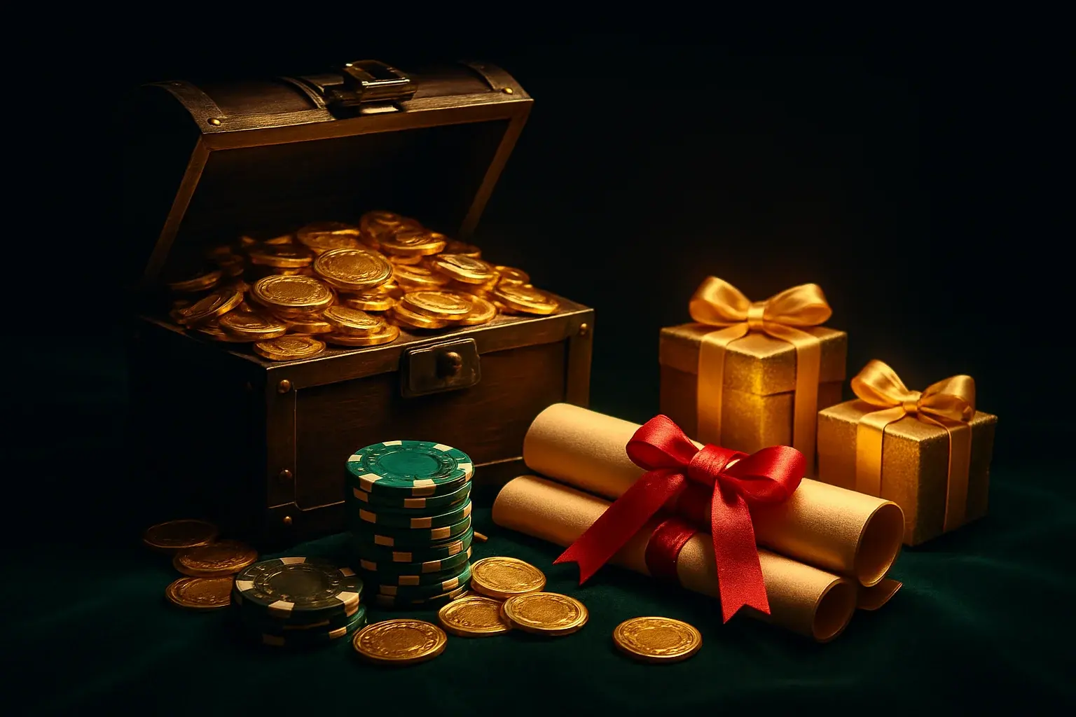 Overflowing treasure chest with gold coins, casino chips, vouchers, and gift boxes