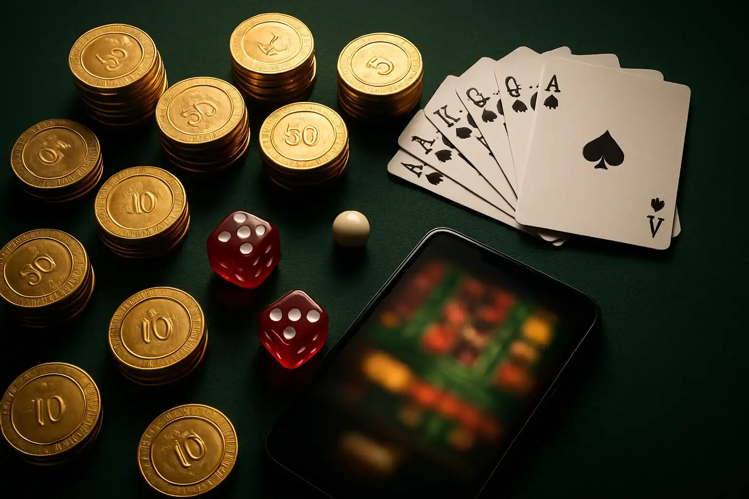 Top-down casino table with gold chips, cards, dice, roulette ball, smartphone