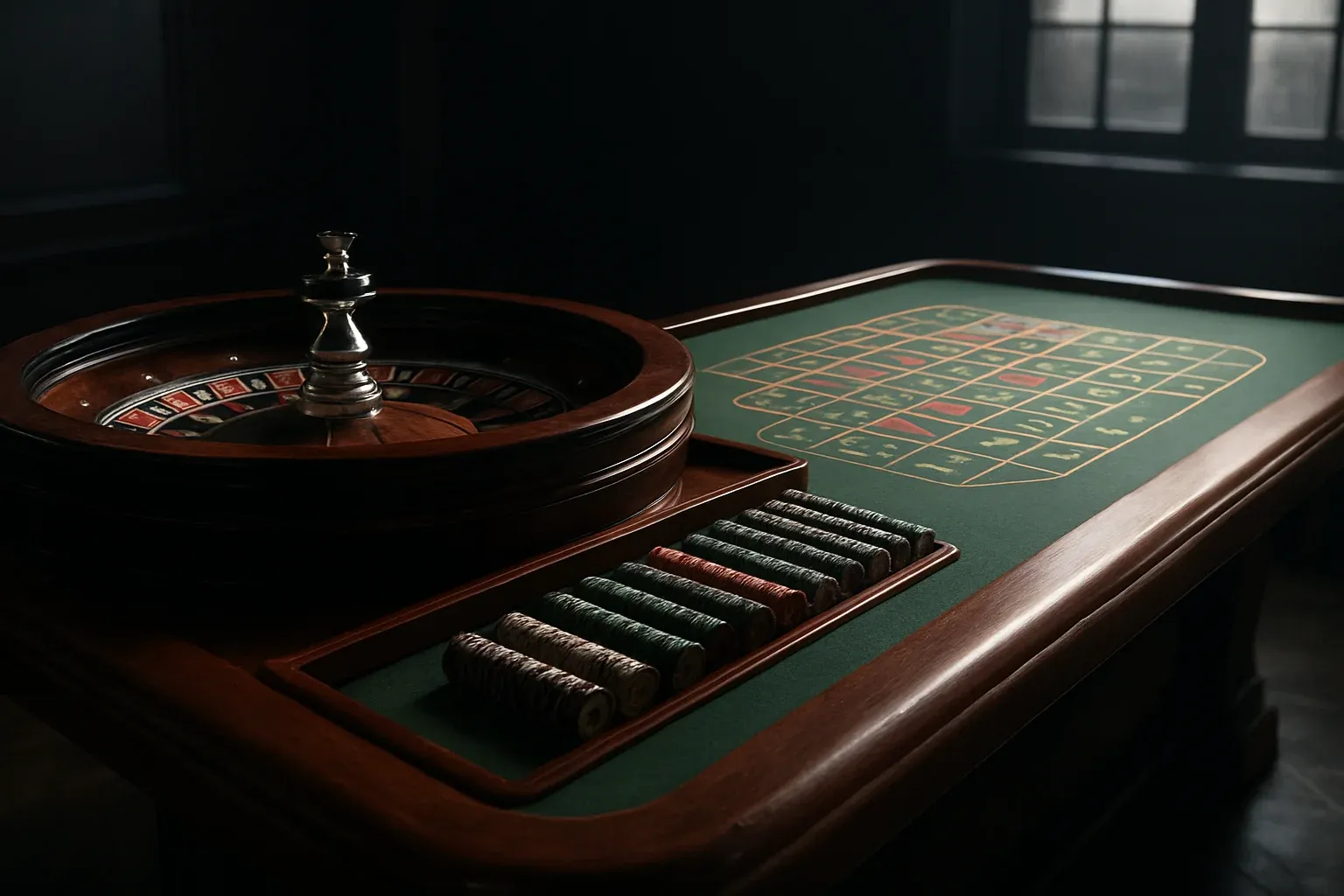 Hyperrealistic premium live casino studio with empty roulette table and dramatic lighting