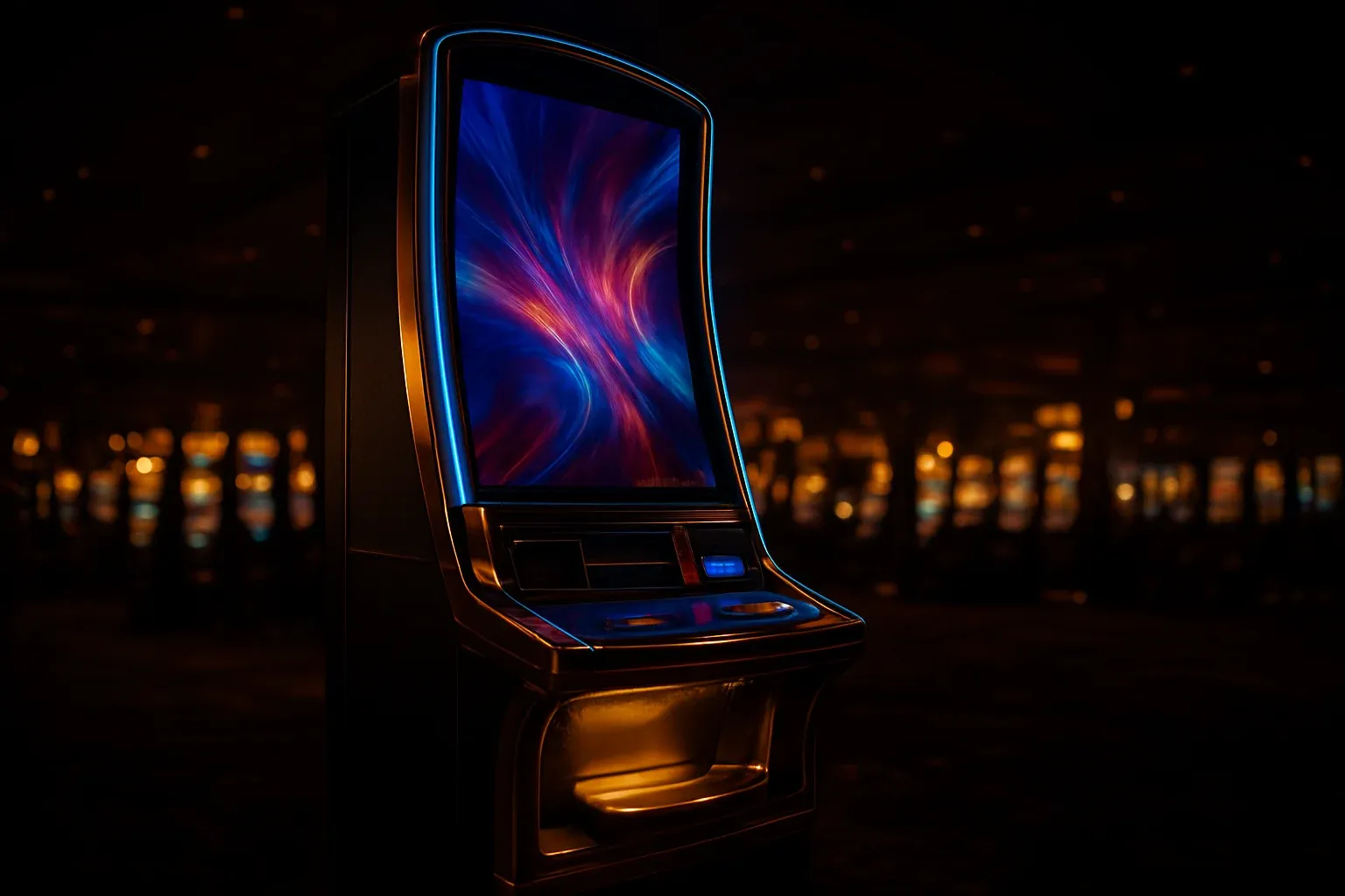 Premium slot machine glowing in dark luxury casino with neon lighting